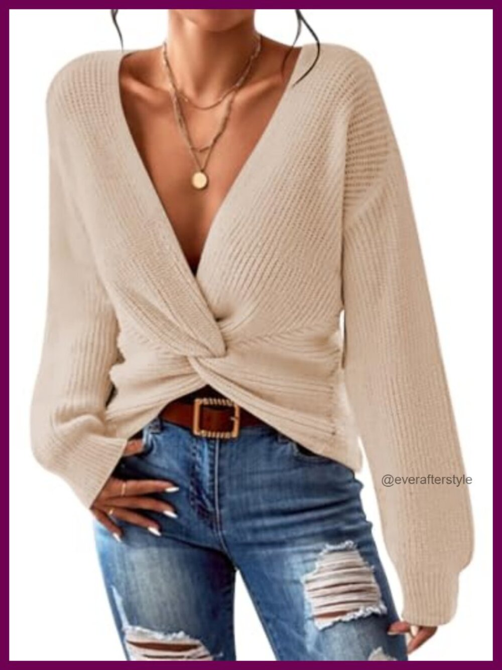 Women Cropped Twist Front V-Neck Knit Pullover Sweater Beige